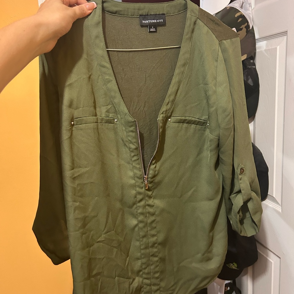Army Green zip up Blouse